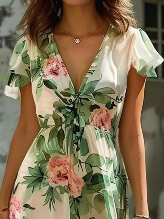 CD | Rochie midi pentru femei - Șifon ușor - Decolteu în V - Mâneci încrețite - Imprimeu floral