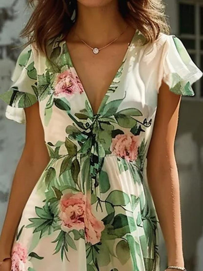 CD | Rochie midi pentru femei - Șifon ușor - Decolteu în V - Mâneci încrețite - Imprimeu floral