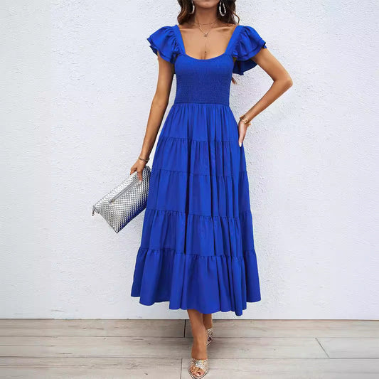 CD | Rochie maxi pentru femei - Smocked top - Ruched bretele - Tiered A-line - amestec respirabil