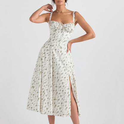 CD | Rochie midi pentru femei - fără mâneci - cu cravată în față - imprimeu floral - ușor, cu croială evazată