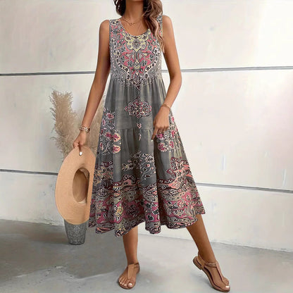 CD | Rochie midi pentru femei - A-line - fără mâneci - decolteu în U - imprimeu floral - amestec de bumbac