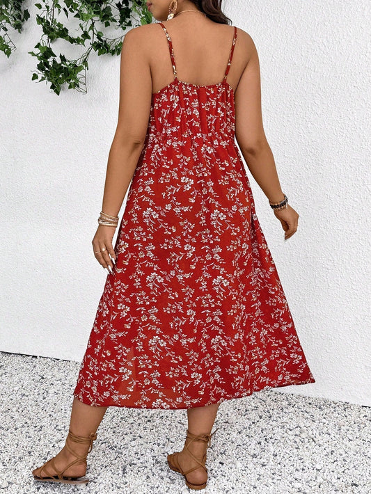 CD | Rochie maxi pentru femei - imprimeu floral - amestec de bumbac - bretele spaghete - crăpătură laterală
