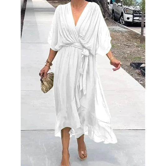 CD | Rochie maxi pentru femei - Ținută relaxată - Mâneci batwing - Curea cu cravată - Tiv asimetric
