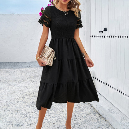 CD | Rochie midi pentru femei - Corset smocked - Fustă evazată - Mâneci cropped - Amestec de bumbac