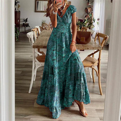 CD | Rochie maxi pentru femei - Decolteu în V - Partea de sus smocked - Fustă cu cravată - Amestec de bumbac - Ținută relaxată