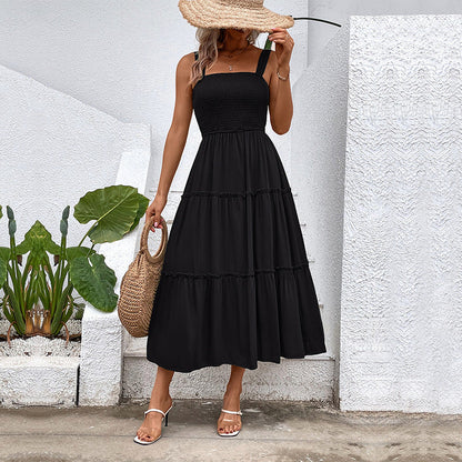 CD | Rochie midi fără mâneci pentru femei - Top smocked - Fustă cu cravată - Amestec de bumbac