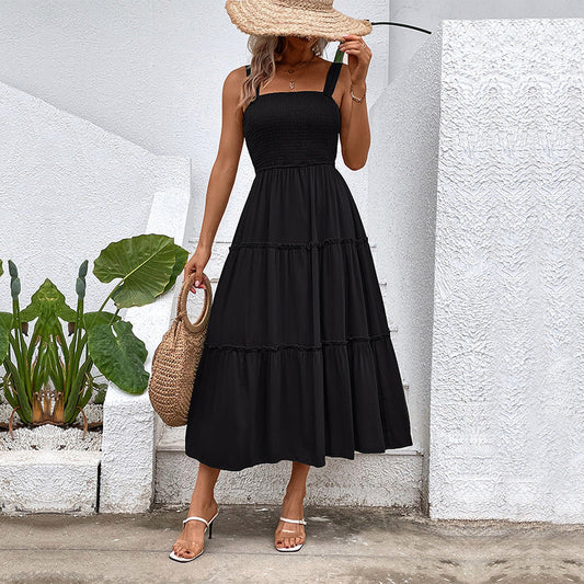 CD | Rochie midi fără mâneci pentru femei - Top smocked - Fustă cu cravată - Amestec de bumbac