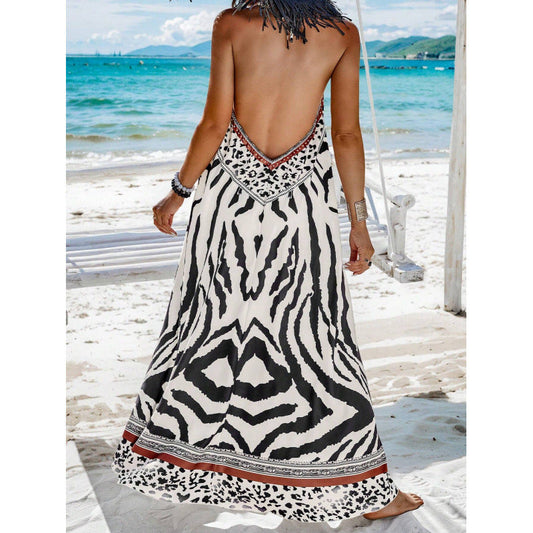 CD | Rochie maxi pentru femei - A-line fit - Decolteu în V - Model colorat - Bumbac