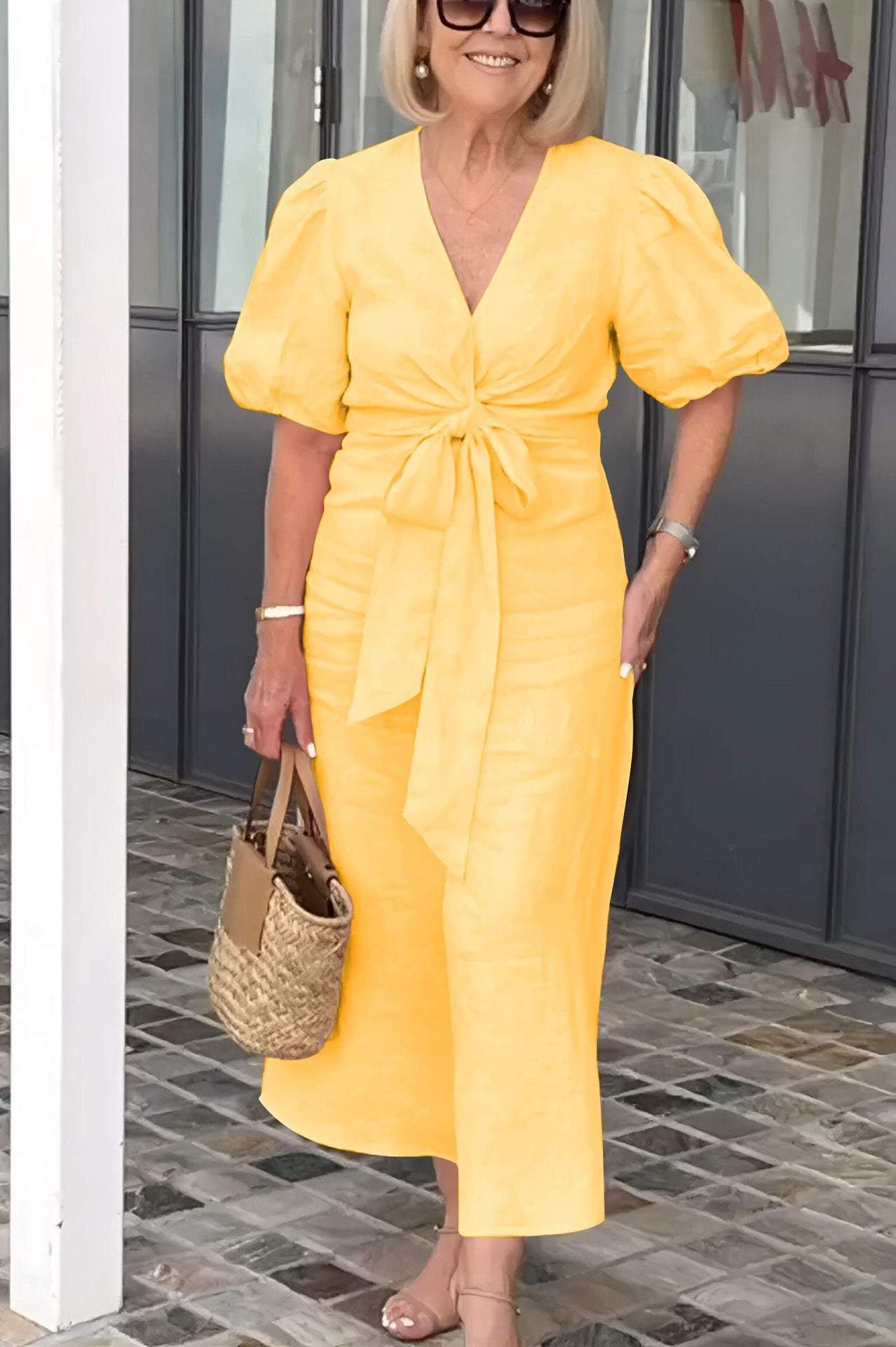 CD | Rochie midi de damă - Fibre naturale - Decolteu în V - Dantelă - Mâneci bufante - Ținută relaxată