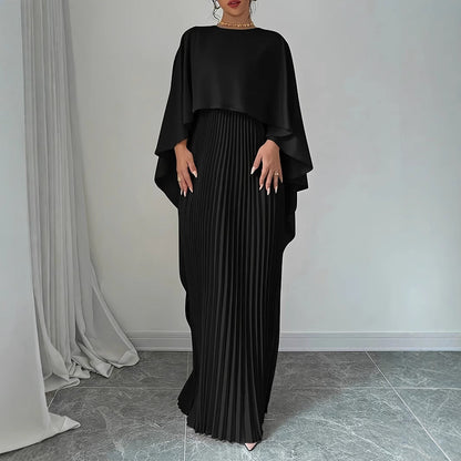 CD | Rochie maxi pentru femei - Decolteu înalt - Mâneci batwing - Fustă plisată - Croială fluidă
