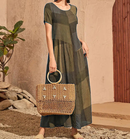 CD | Ladies Rochie lungă - A-line Loose fit - Bumbac - Imprimeu în carouri - Mâneci scurte Casual