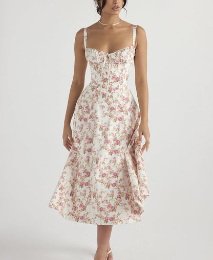 CD | Rochie midi pentru femei - fără mâneci - cu cravată în față - imprimeu floral - ușor, cu croială evazată
