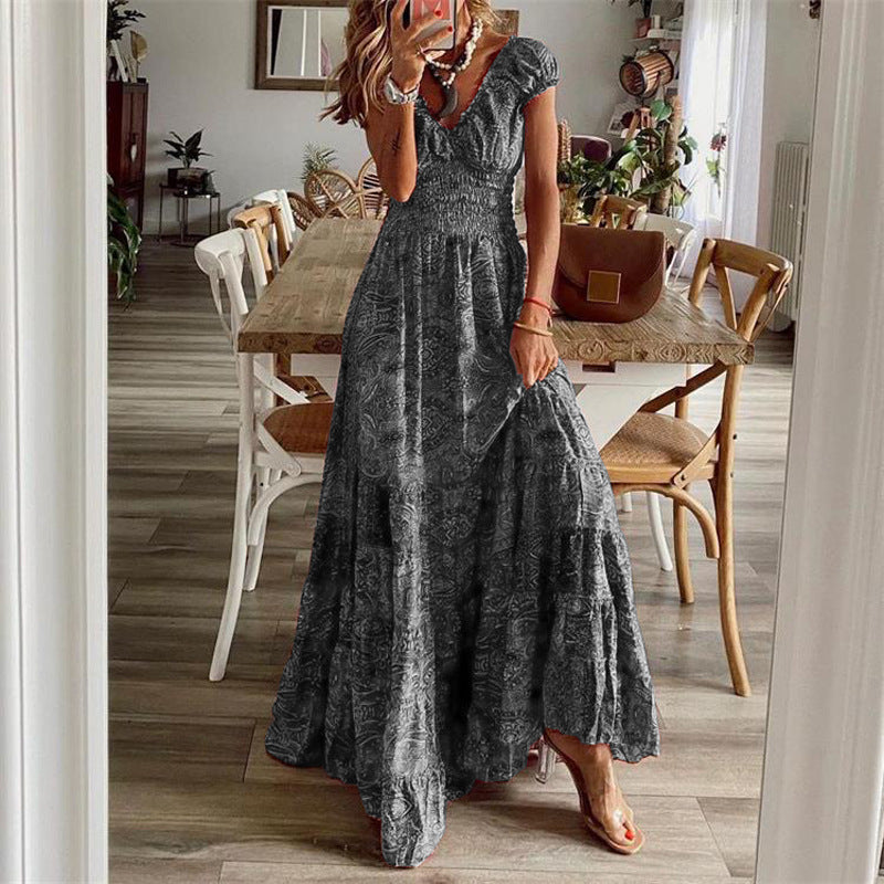 CD | Rochie maxi pentru femei - Decolteu în V - Partea de sus smocked - Fustă cu cravată - Amestec de bumbac - Ținută relaxată
