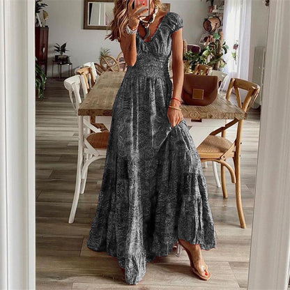 CD | Rochie maxi pentru femei - Decolteu în V - Partea de sus smocked - Fustă cu cravată - Amestec de bumbac - Ținută relaxată