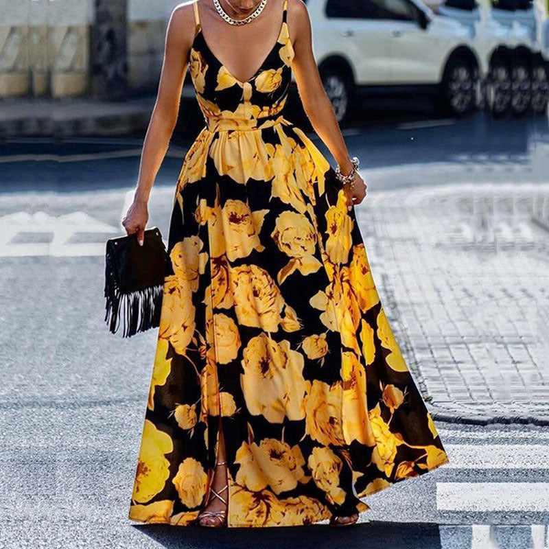 CD | Rochie maxi pentru femei - A-line - bretele spaghetti - decolteu adânc - design imprimat