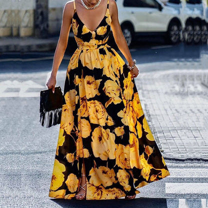 CD | Rochie maxi pentru femei - A-line - bretele spaghetti - decolteu adânc - design imprimat