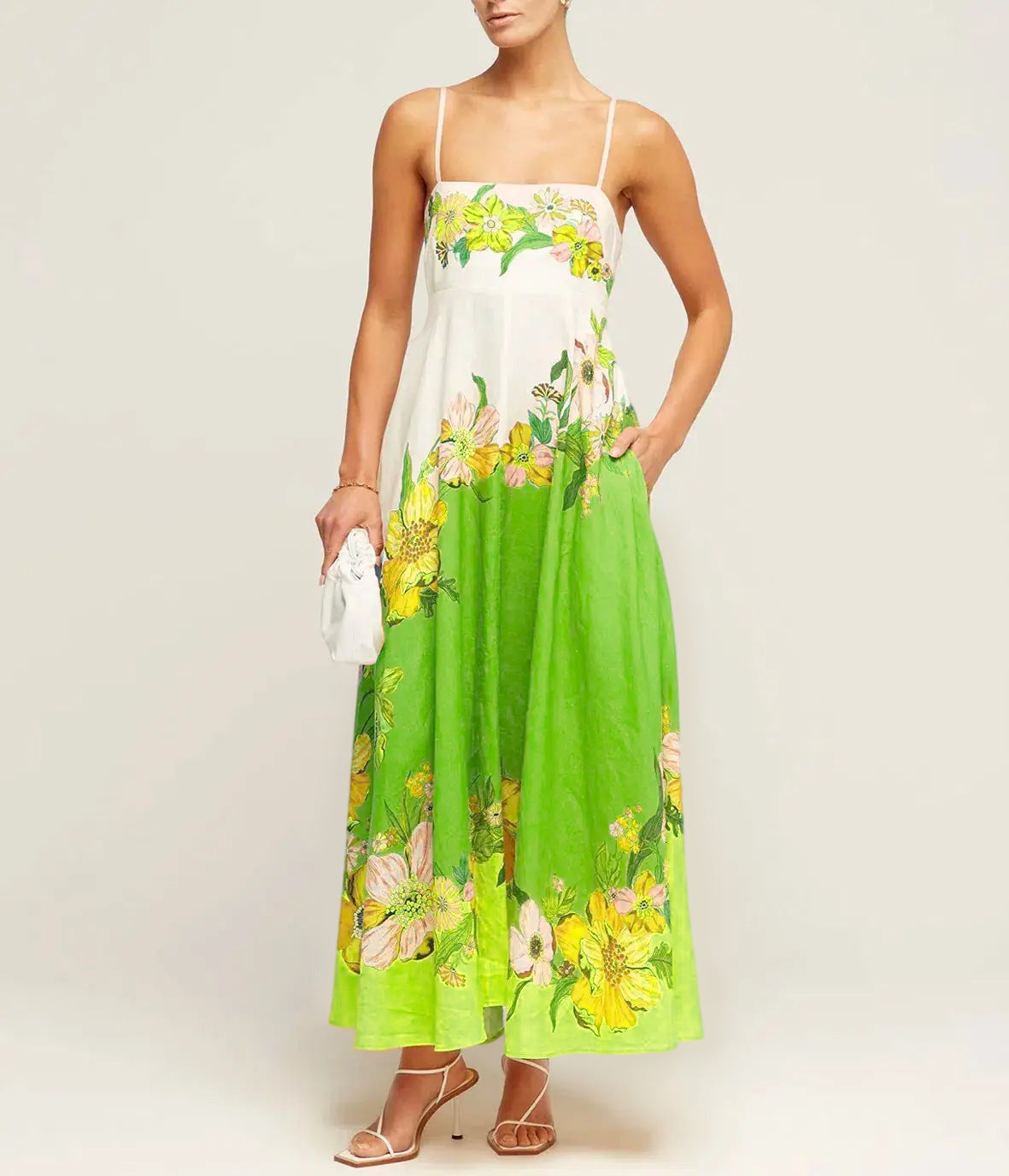 CD | Rochie midi pentru femei - Smocked top - A-line - Spaghetti straps - Amestec de bumbac