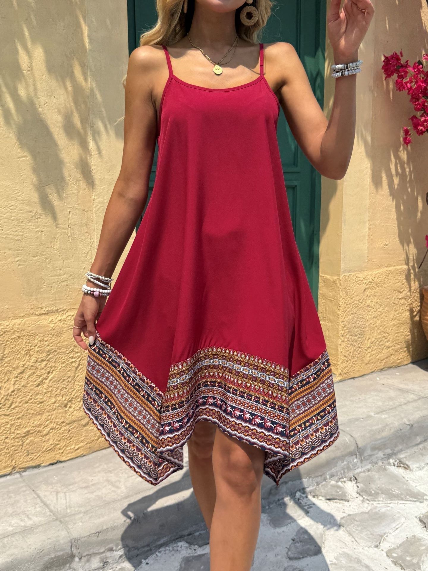 CD | Rochie midi pentru femei - Flowing A-line - Bumbac - Spaghetti curele - Boho hem