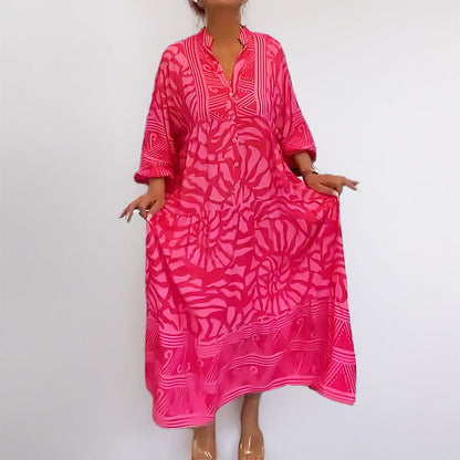 CD | rochie midi pentru femei - croială lejeră - croială cu nasturi - mâneci răsucite - imprimeu abstract - material respirabil