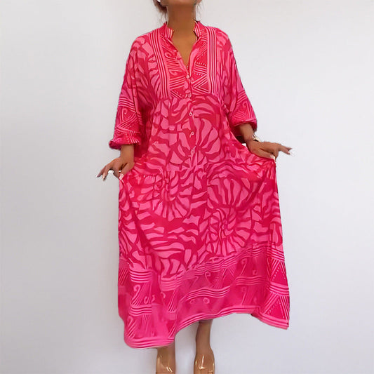CD | rochie midi pentru femei - croială lejeră - croială cu nasturi - mâneci răsucite - imprimeu abstract - material respirabil