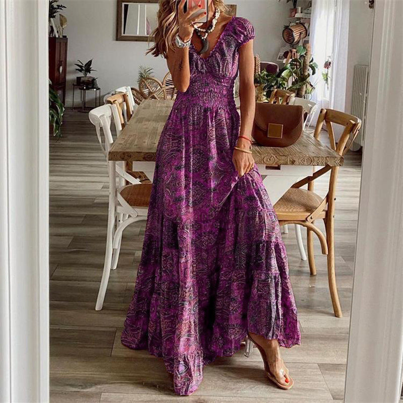 CD | Rochie maxi pentru femei - Decolteu în V - Partea de sus smocked - Fustă cu cravată - Amestec de bumbac - Ținută relaxată