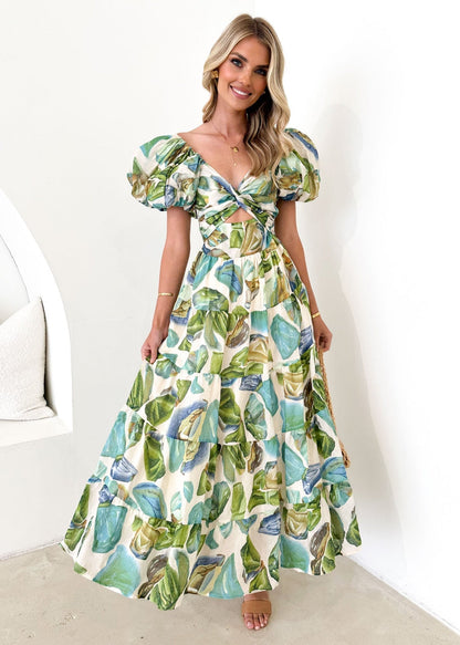 CD | Rochie maxi pentru femei - Fit and flare - Mâneci bufante - Partea de sus cropped - Fusta Tiered - Imprimate