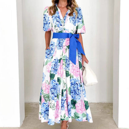 CD | Ladies rochie maxi - A-line - mâneci scurte - imprimeu floral - cravată talie stil boho