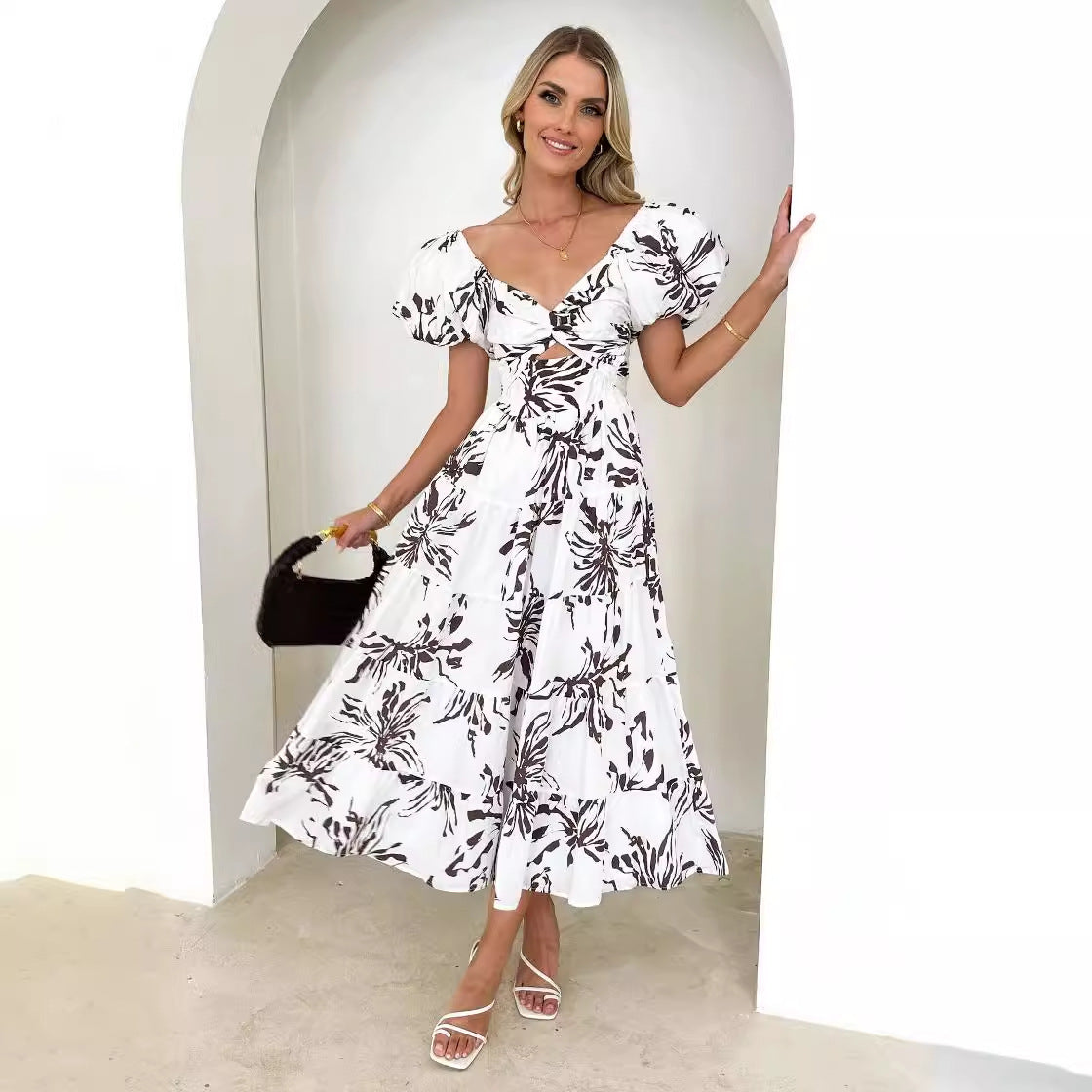CD | Rochie maxi pentru femei - Fit and flare - Mâneci bufante - Partea de sus cropped - Fusta Tiered - Imprimate