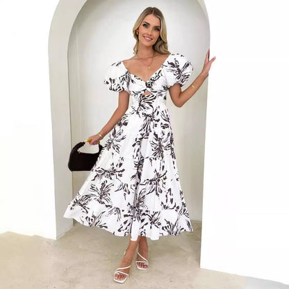 CD | Rochie maxi pentru femei - Fit and flare - Mâneci bufante - Partea de sus cropped - Fusta Tiered - Imprimate