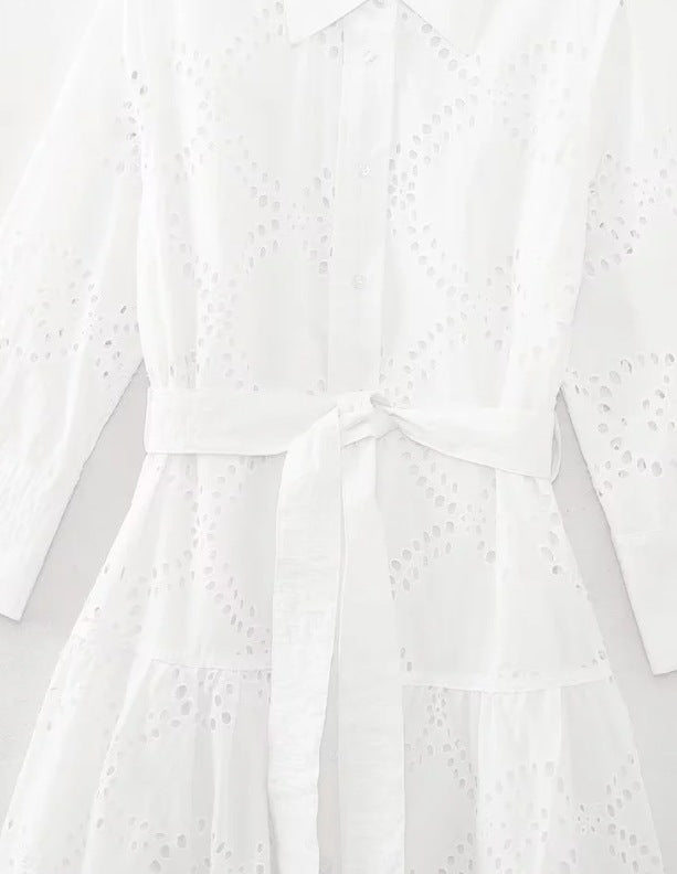 CD | Rochie midi de damă - Broderie Anglaise - Ținută relaxată - Curea în talie - Buton