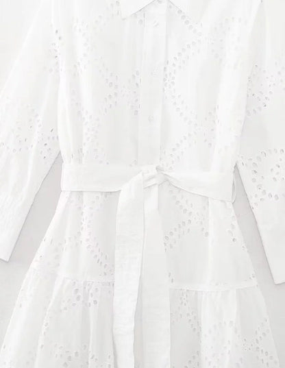 CD | Rochie midi de damă - Broderie Anglaise - Ținută relaxată - Curea în talie - Buton