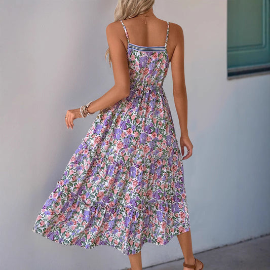 CD | Rochie midi pentru femei - Fit and flare - Imprimeu floral - Volan la tiv - Talie cu cordon