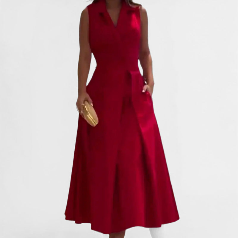CD | Rochie midi pentru femei - Tailored fit - Decolteu în V cu buton - Fustă evazată - Fără mâneci