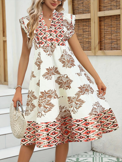 CD | Rochie midi pentru femei - Croială fluidă în formă de A - Guler înalt - Mâneci evazate - Imprimeu floral