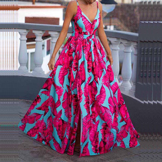 CD | Rochie maxi pentru femei - A-line - bretele spaghetti - decolteu adânc - design imprimat