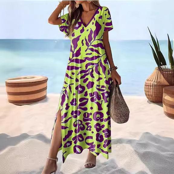 CD | Rochie maxi pentru femei - Ținută relaxată - Decolteu în V - Mâneci scurte - Fantă laterală