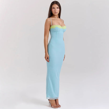 CD | Rochie maxi pentru femei - slim fit - dantelă - bustieră - bretele spaghetti - tiv transparent