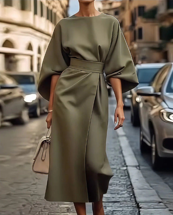 CD | Rochie lungă pentru femei - Satin - Mâneci batwing - Ținută drapată - Centură la talie