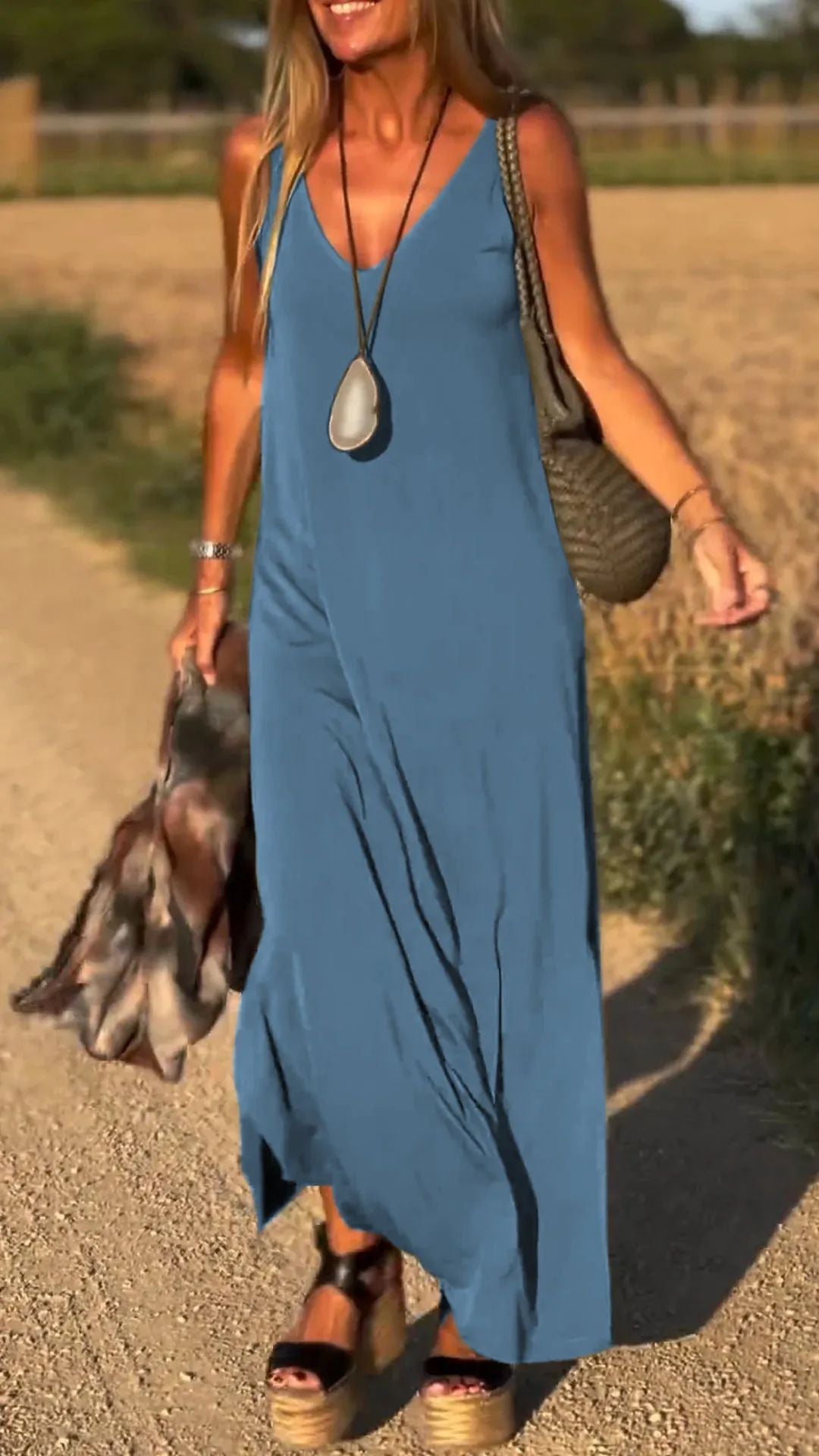 CD | Rochie maxi pentru femei - decolteu în V - croială relaxată - amestec de bumbac - design fără bretele