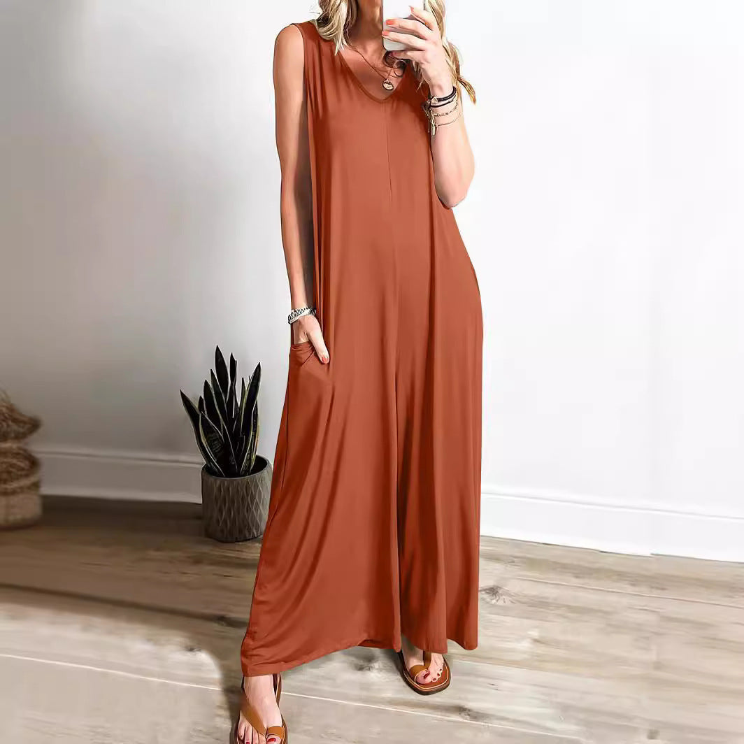 CD | Rochie maxi pentru femei - Tricot moale - Ținută relaxată - Fără mâneci, gât în V cu buzunare