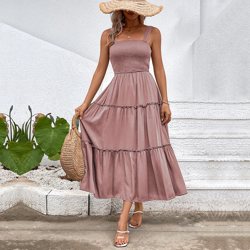 CD | Rochie midi fără mâneci pentru femei - Top smocked - Fustă cu cravată - Amestec de bumbac
