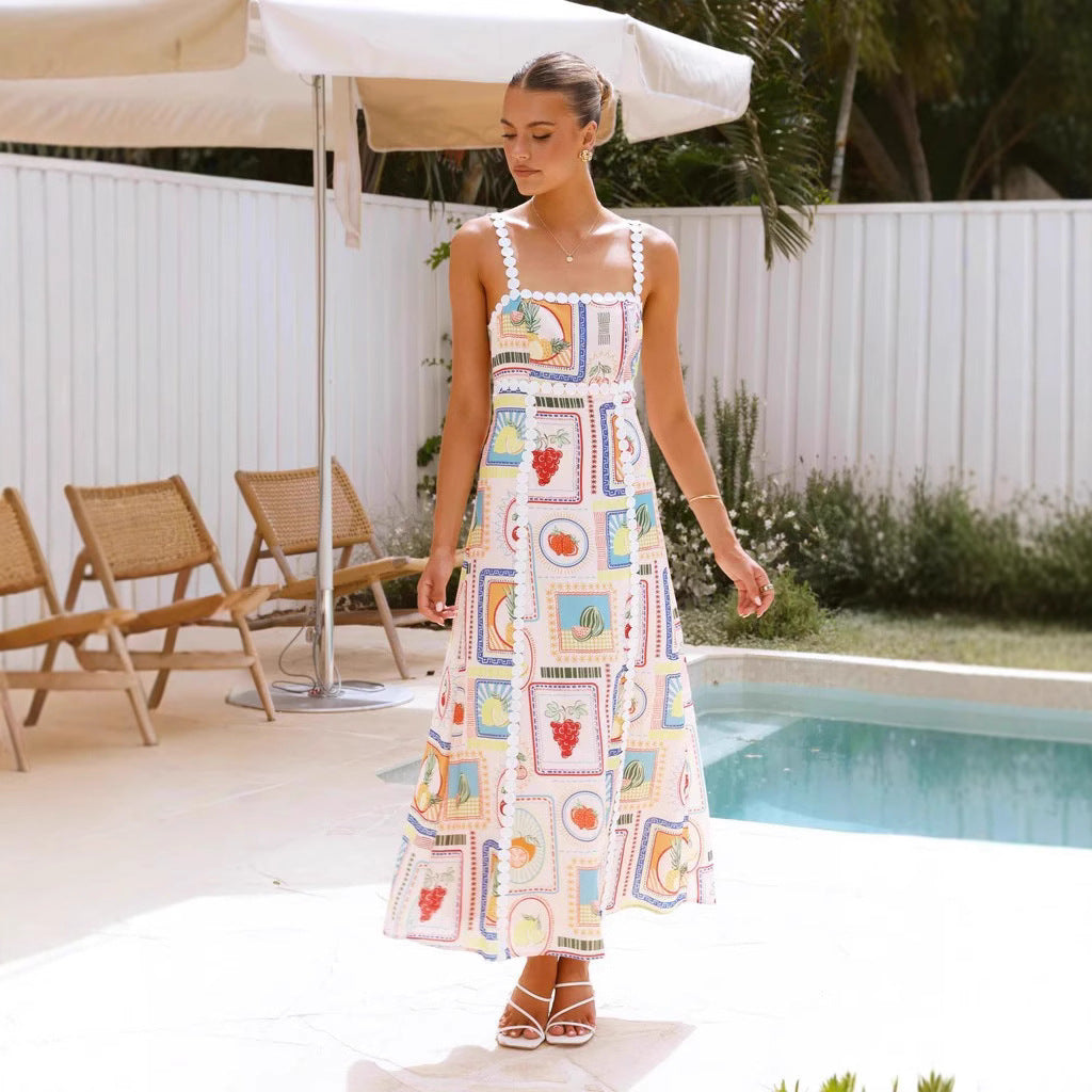 CD | Rochie maxi pentru femei - Imprimeu geometric - Dantelă - Fără mâneci, croială fluidă