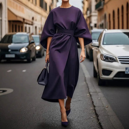 CD | Rochie lungă pentru femei - Satin - Mâneci batwing - Ținută drapată - Centură la talie