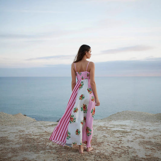 CD | Rochie maxi pentru femei - Bumbac ușor - Croială fluidă - Bretele spaghetti - Imprimeu artistic