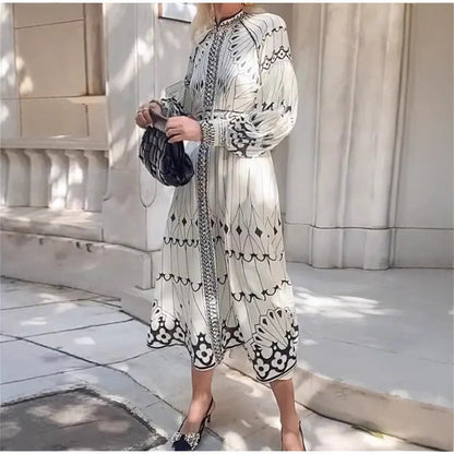 CD | Rochie midi pentru femei - Ținută elegantă - Mâneci lungi - Curea în talie - Fermoar cu nasturi - Model decorat