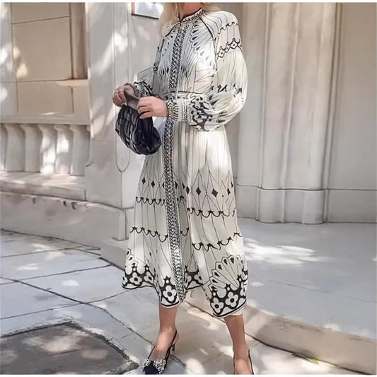 CD | Rochie midi pentru femei - Ținută elegantă - Mâneci lungi - Curea în talie - Fermoar cu nasturi - Model decorat