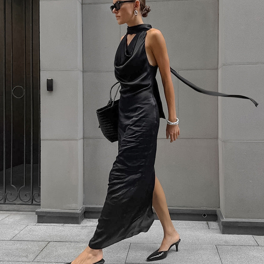 CD | Rochie midi halterneck pentru femei - Satin - Slim fit - Decolteu drapat - Purtare formală