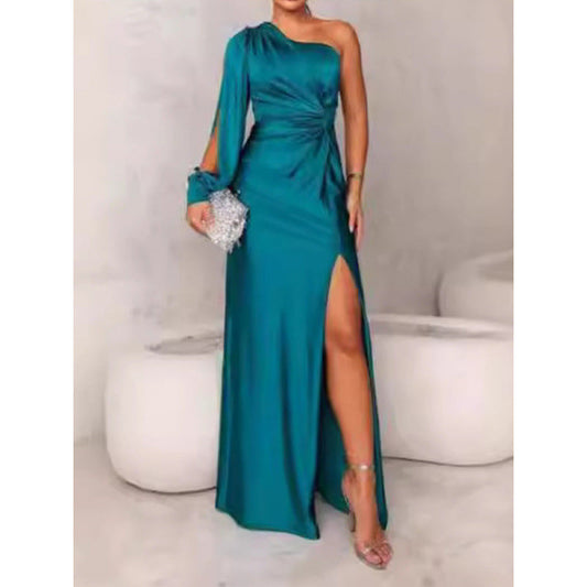 CD | Rochie maxi pentru femei - Satin Finish - Un umăr - Fantă înaltă - Talie încrețită - Slim Fit