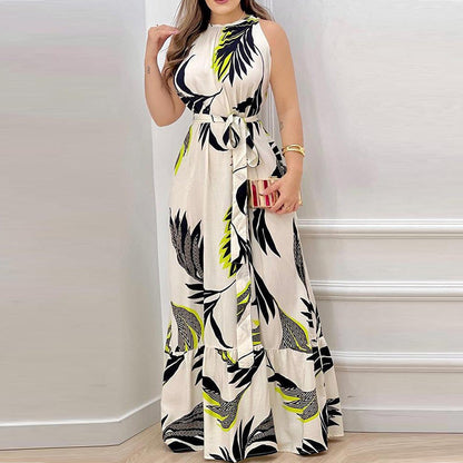 CD | Ladies Halter rochie maxi - imprimeu floral - tiv adunat - cravată în talie - ținută elegantă