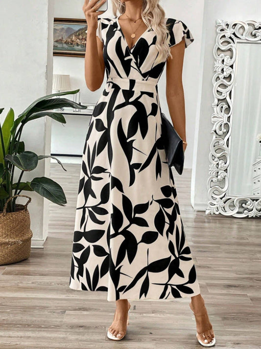 CD | Rochie maxi pentru femei - corsaj cu decolteu în V - imprimeu floral - croială evazată - mâneci cu capac
